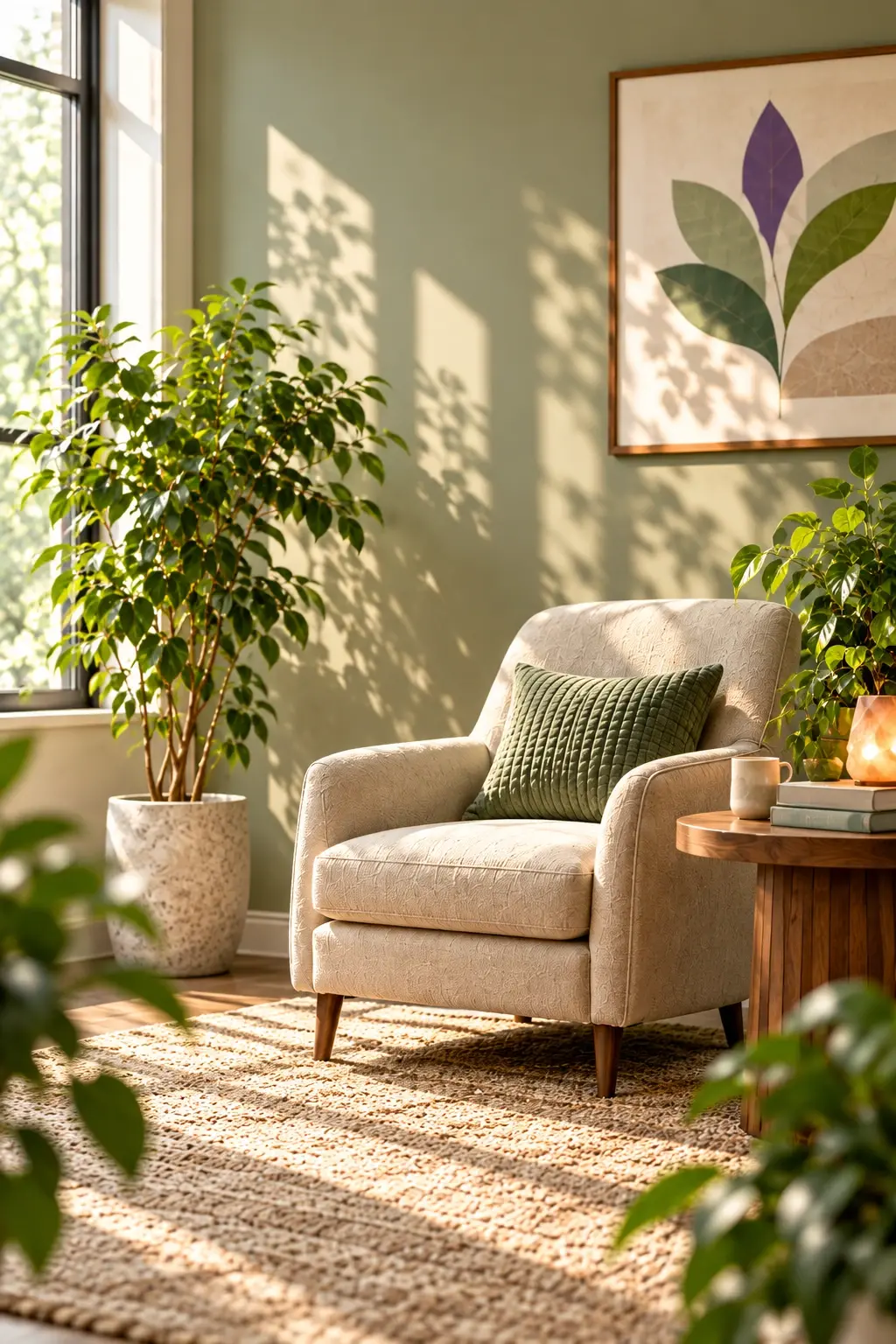 A sunlit corner with a cream armchair, a green cushion and leafy plants
