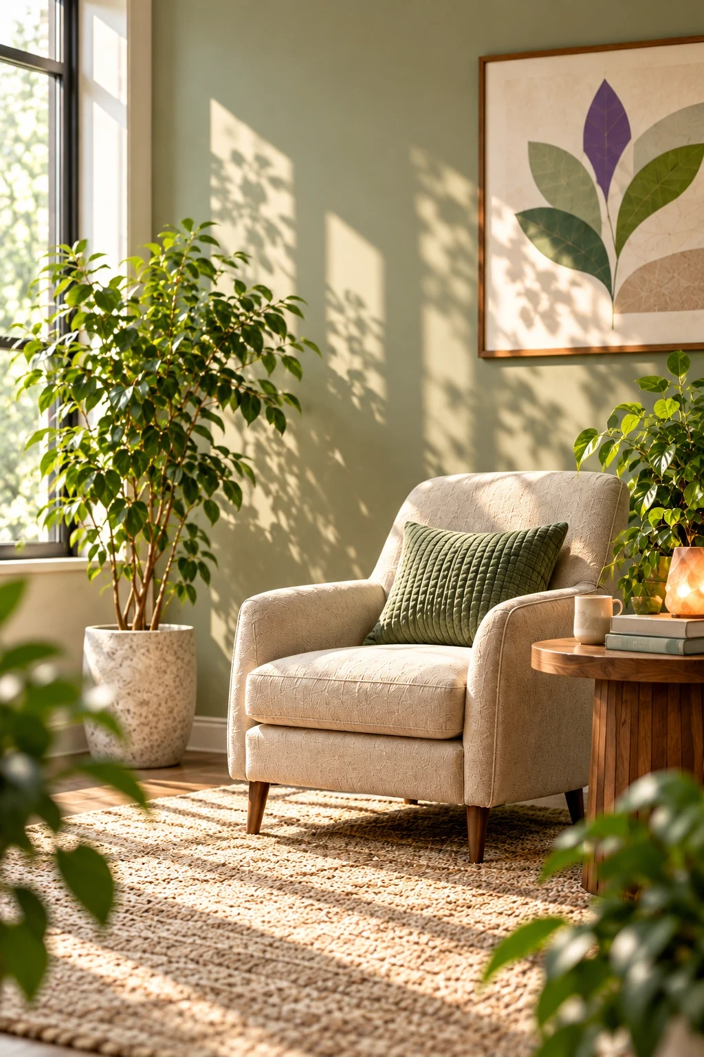Sunlit therapy room with a cream armchair, plants and botanical art
